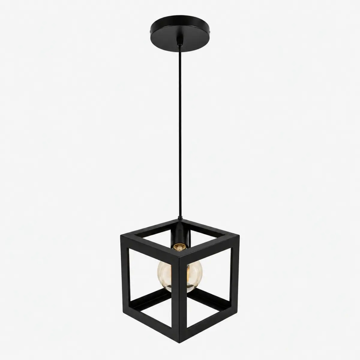 Suspension cube moderne noire en métal avec ampoule visible