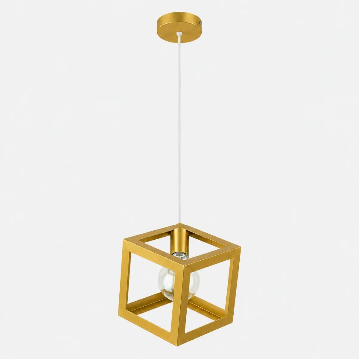 Suspension cube moderne dorée en métal avec ampoule visible