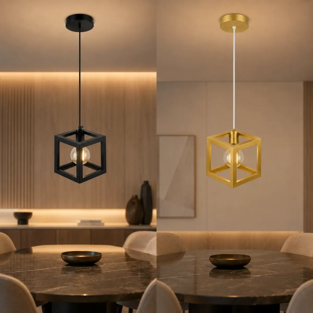 Suspension cube moderne noire et dorée installée au-dessus d’une table