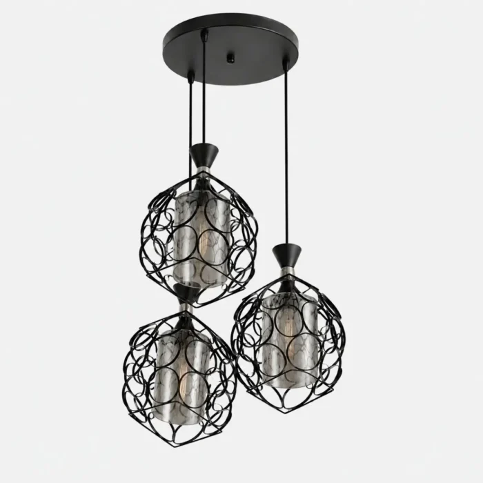 Suspension triple noire avec cages métalliques et verre fumé