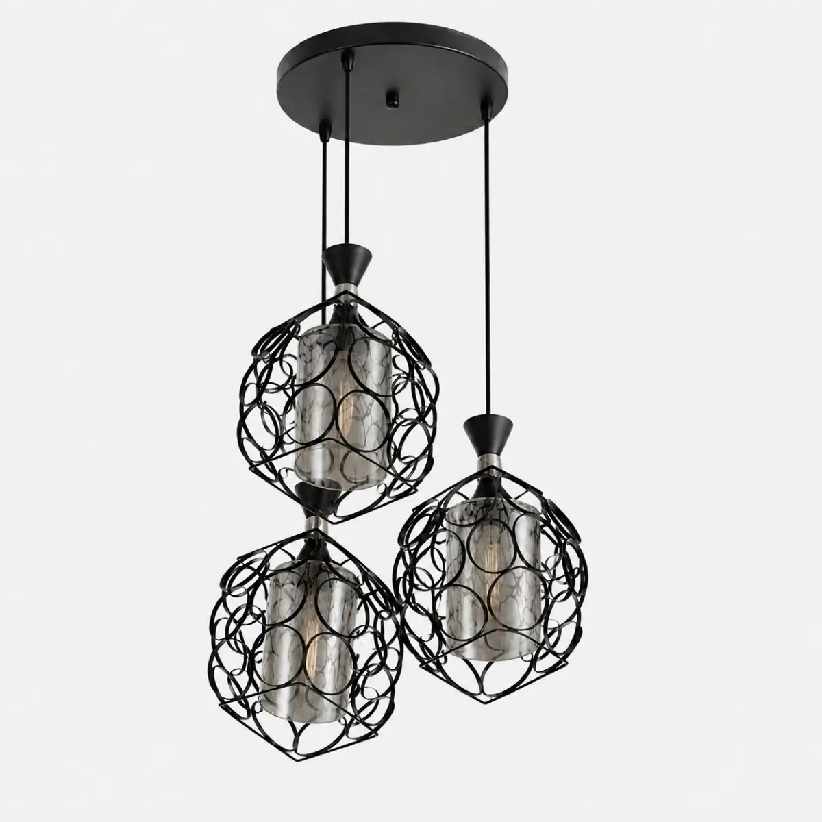 Suspension triple noire avec cages métalliques et verre fumé