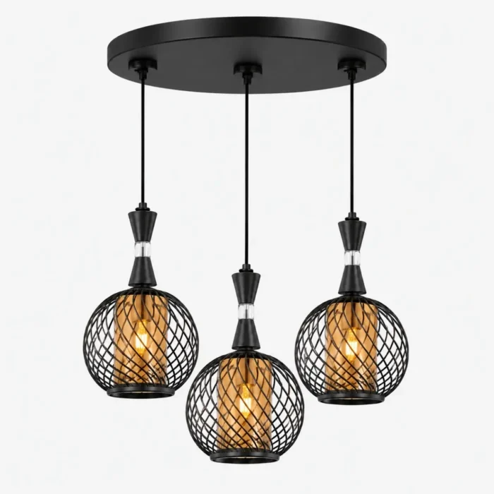 Suspension triple noire grillagée avec trois boules en métal et verre ambré