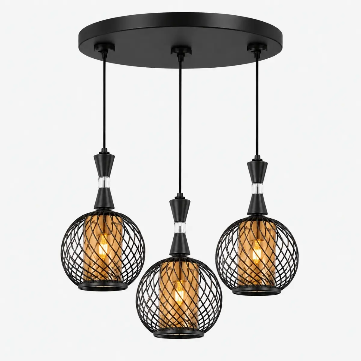 Suspension triple noire grillagée avec trois boules en métal et verre ambré