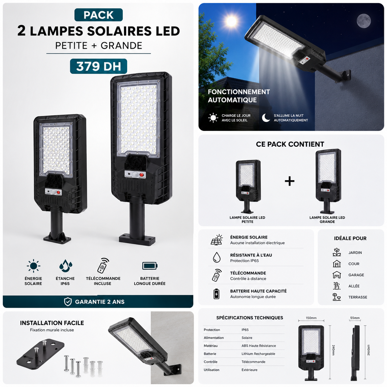 Pack de 2 Lampadaires Solaires LED avec Télécommande – Étanches IP65 – Image 3